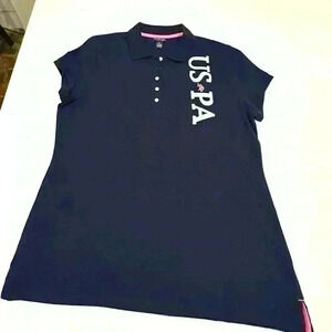 Polo, dk navy & pink, polo shirt XL, pink  stitching, embroidered polo logo.